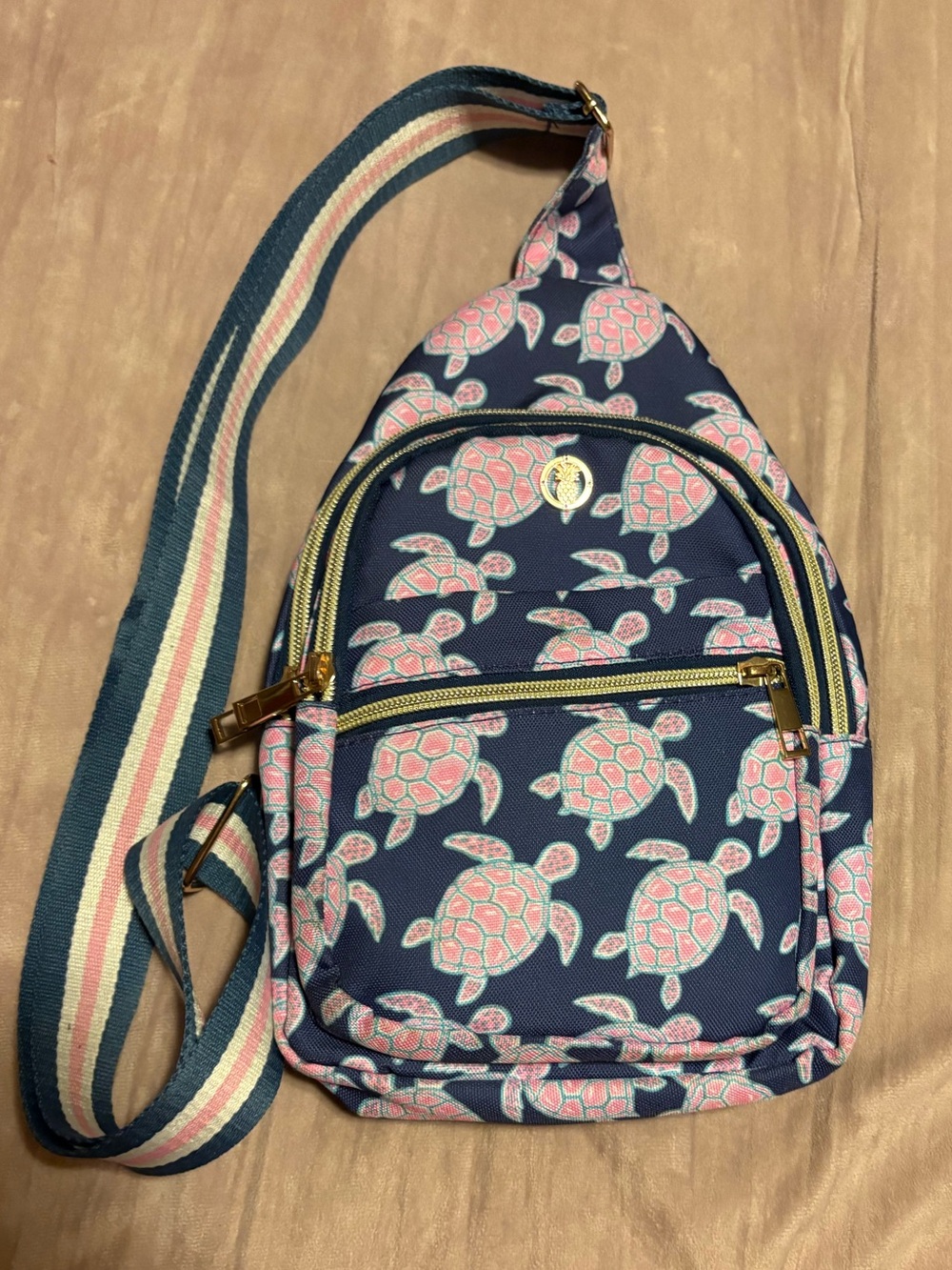 Navy Turtle Print Crossbody Sling Bag - Pink Accent